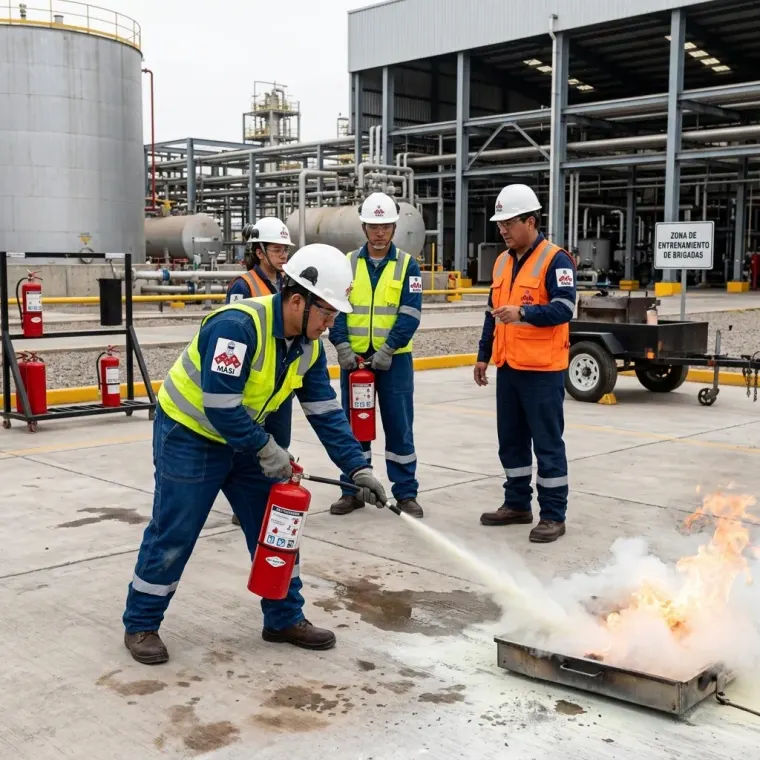 Integrantes de la brigada de emergencia realizando prácticas de extinción de fuego con extintor en área industrial