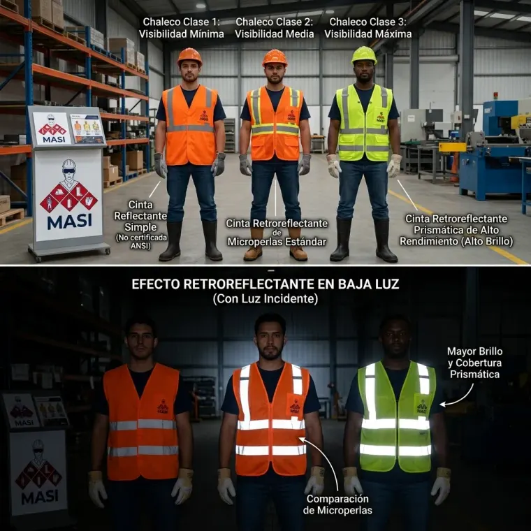 Infografía comparativa de chalecos de seguridad industrial mostrando las clases de visibilidad y el efecto de las cintas retroreflectantes en condiciones de baja luz