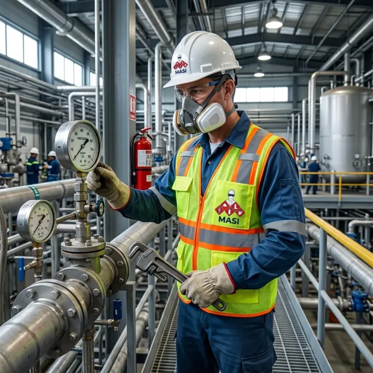 Un técnico de mantenimiento industrial que lleva un respirador y un chaleco de seguridad reflectante MASI está inspeccionando un manómetro en una planta de procesamiento químico