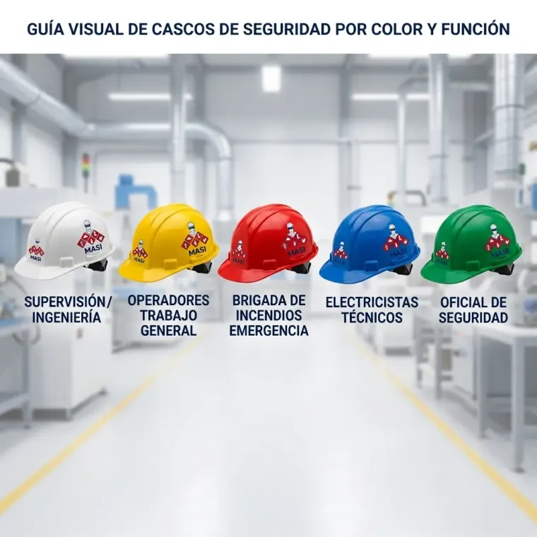 Infografía visual con los colores de cascos de seguridad industrial y su asignación por rol o puesto de trabajo