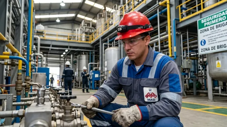 Técnico en planta industrial utilizando casco rojo de acuerdo con la norma de colores de cascos de seguridad, realizando mantenimiento de válvulas con uniforme MASI