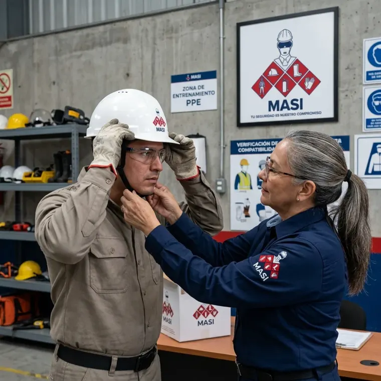 Especialista revisando el ajuste de un casco de protección en una zona de PPE frente a un estante con distintos colores de cascos de seguridad