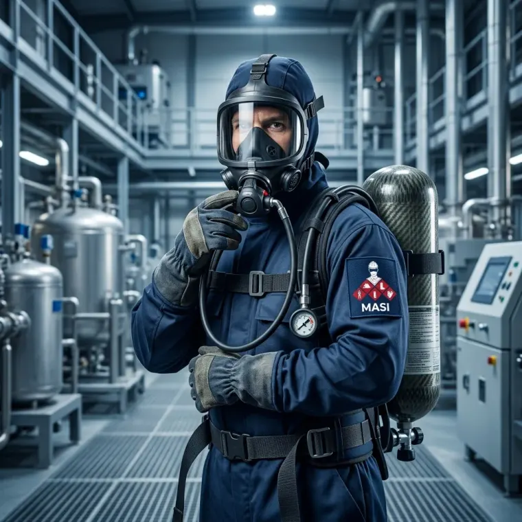 Especialista en seguridad industrial portando un equipo de respiración autónoma completo con máscara y cilindro en una planta operativa