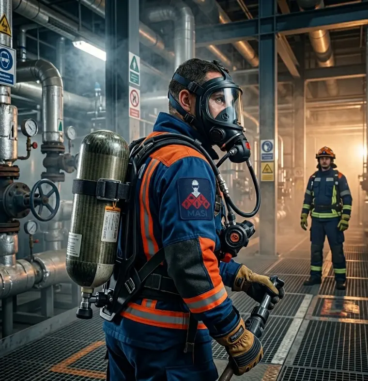 Brigadista de rescate utilizando un equipo de respiración autónoma durante una intervención industrial