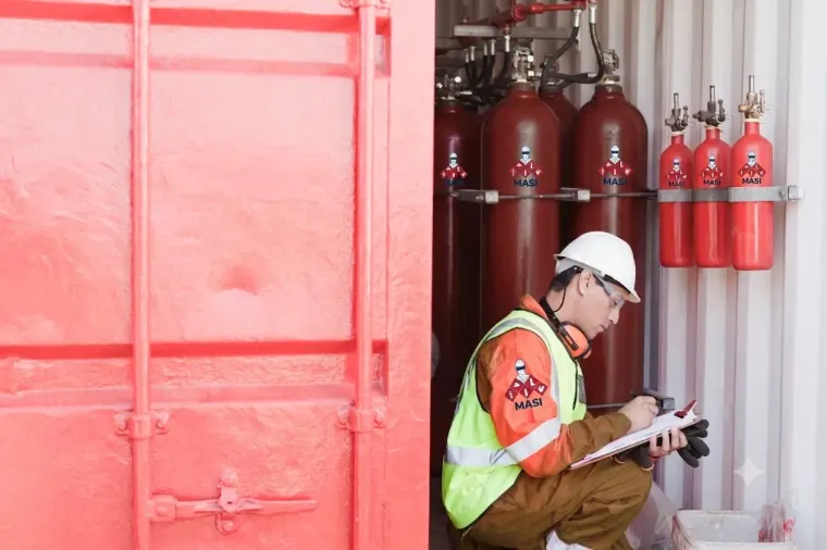 Fotografía de un especialista con casco blanco, chaleco fluorescente verificando el estado de los extinguidores de MASI
