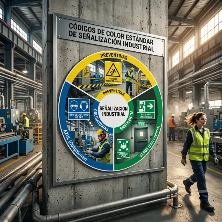 Imagen dentro de una empresa que muestra los colores de los distintos códigos para señalización y normas de seguridad industrial