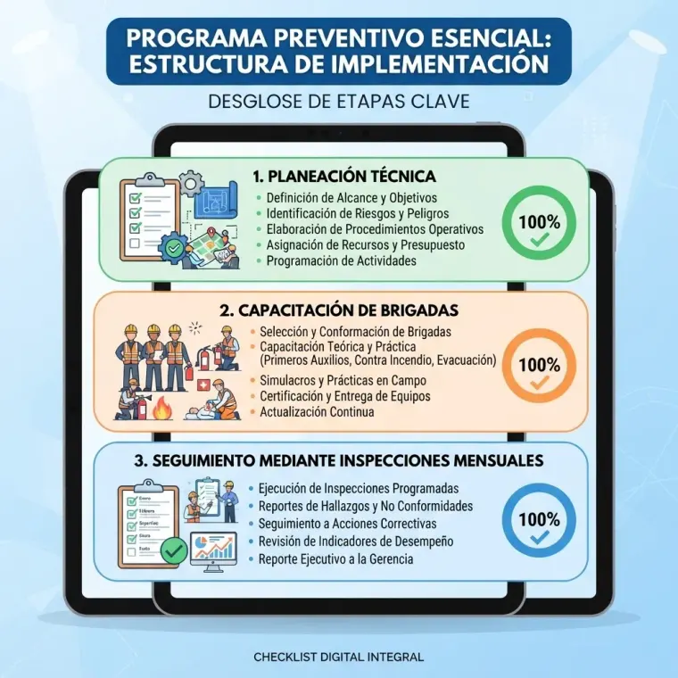 Tabla llamativa que muestra un desglose de etapas clave que entran dentro de las normas de seguridad industrial