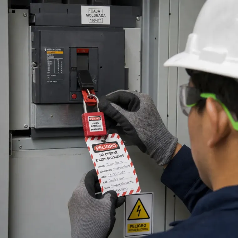 Imagen de un hombre que colabora con MASI está colocando un candado en las puertas de acceso a cuarto de máquinas y tener precaución de riesgo eléctrico en la empresa