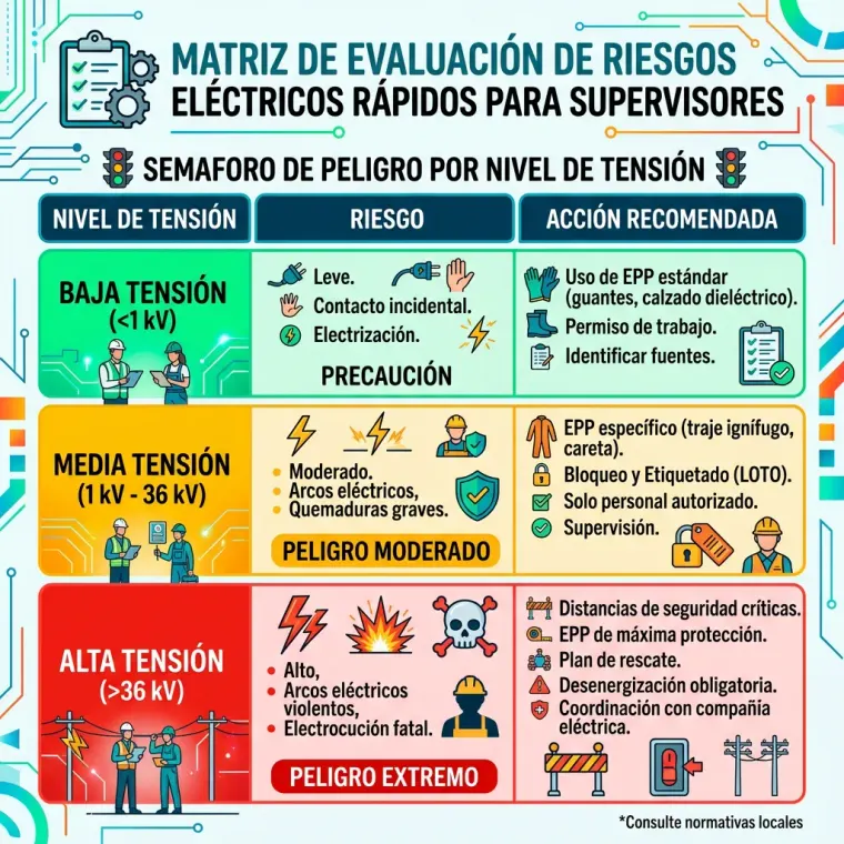 Imagan de una tabla dividida en 3 que es la evaluación para la precaución de riesgo eléctrico dentro de la compañia