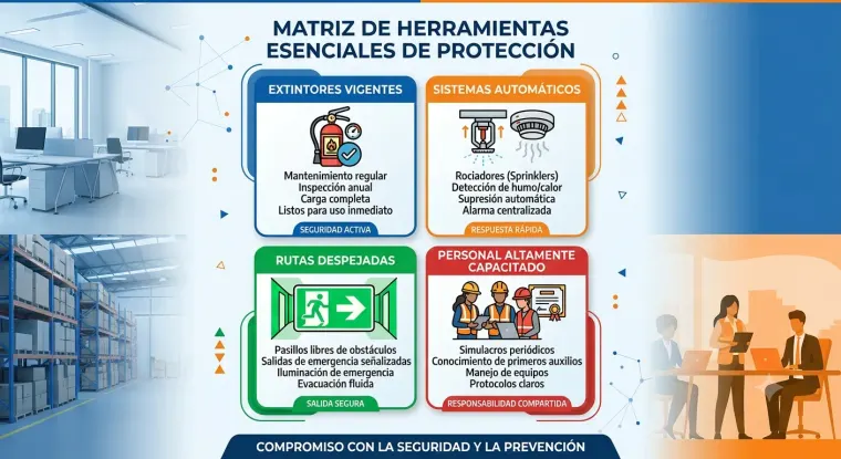 Imagen que muestra 4 recuadros para que tengas una buena prevencion de incendios en tu compañia o en tu sitio de trabajo