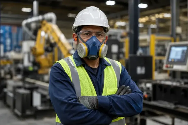 Fotografía de un colaborador de una empresa de maquiladora portando el epp de la empresa MASI
