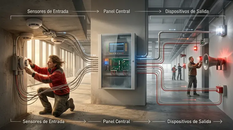 Imagen que muestra una instalación de sistema de alarma contra incendio detallado de como tiene que quedar instalado