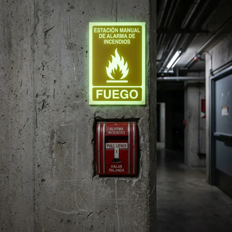Fotografía de un cartel de una estacion manual que muestra un sistema de alarma contra incendio instalado en una columna de una empresa