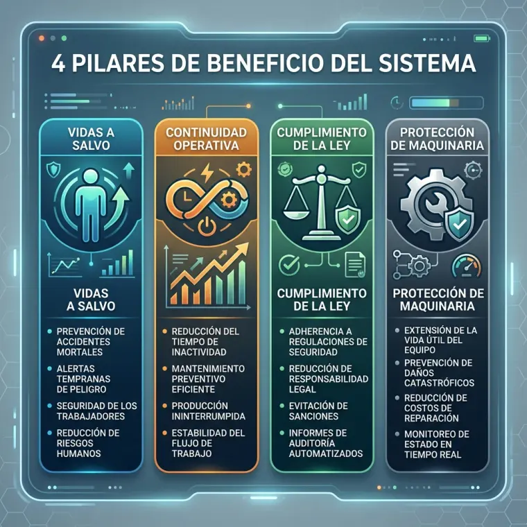 Imagen que muestra una tabla de los 4 pilares de beneficio de un sistema de alarma contra incendio para que funcione de la mejor manera